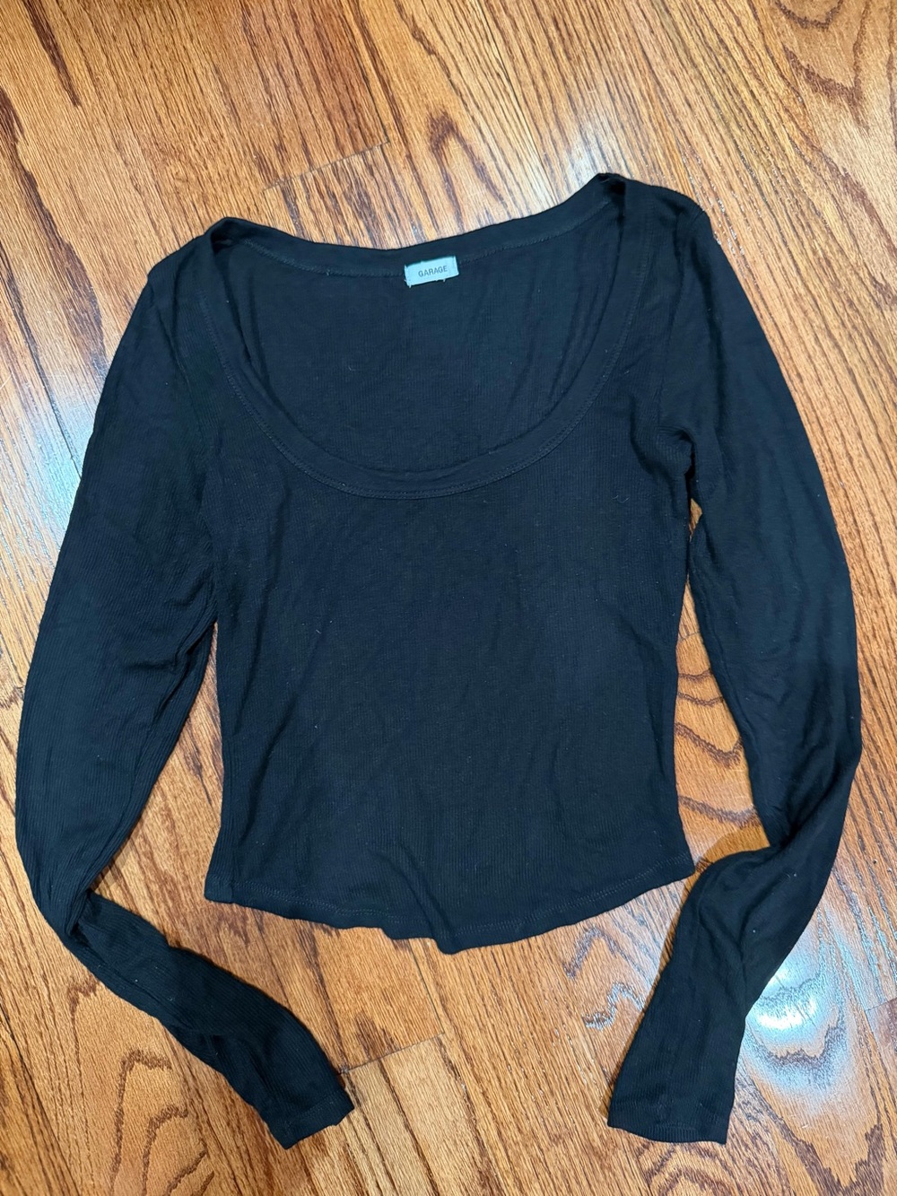 Garage Black Ribbed Scoop-Neck Long Sleeve Top
